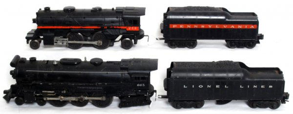 Lionel 665 4-6-4, 2046W, 250 2-4-2, 250T: Lionel 665 4-6-4 loco, 2046W tender, 250 2-4-2 loco, 250T Pennsylvania tender, C6 area.