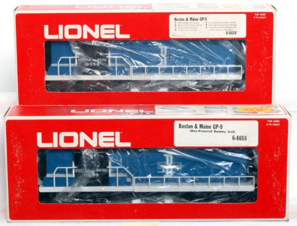 Lionel 8654 & 8655 Boston and Maine GP-9 diesels: Lionel 8654 & 8655 Boston and Maine GP-9 diesel locos in original boxes, C8 area. Boxes look C7.