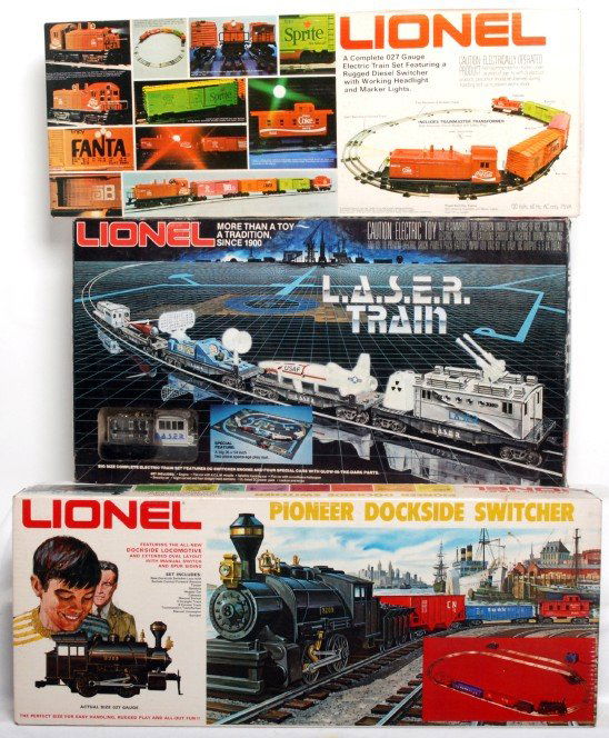 Lionel 1463, 1287 and 1150 boxed 027 freight sets: Lionel 1463 Coca-Cola freight set consisting of 8473 Coca-Cola diesel switcher, 9743 Sprite boxcar, 9744 Tab boxcar, 9745 Fanta boxcar and 9073 Coke caboose and instructions sheets. 1287 Pioneer Docks