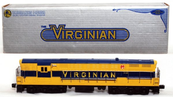 Lionel 8950 Virginian FM Train Master in OB: Lionel 8950 Virginian Fairbanks Morse Train Master in original box, train should clean to look C8-9, graded C8 due to having been run. Box looks C8+.