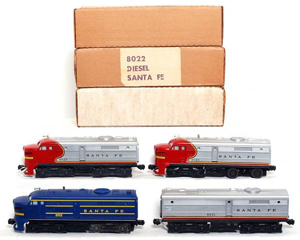 Lionel 8020, 8021, 8022 Santa Fe Alco A-B units: Lionel 8020 Santa Fe Alco A-A units, 8021 Santa Fe Alco B unit and 8022 Santa Fe Alco A unit, in original boxes. Trains look better but are graded C8 area due to having been run, 8021 has some very li