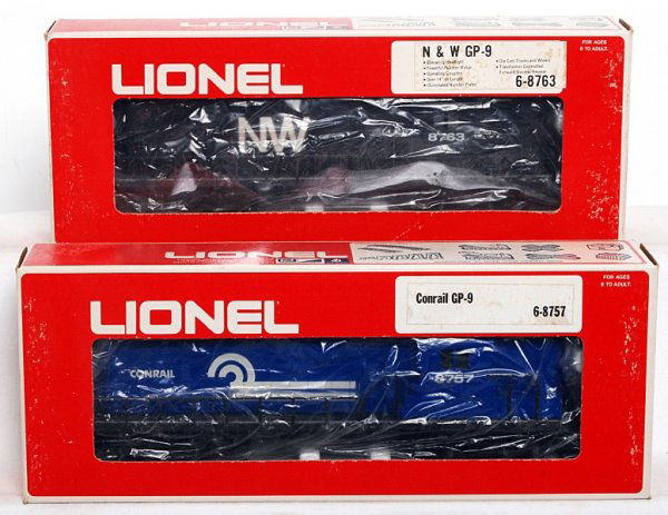 Lionel 8757 and 8763 diesel locos in OB: Lionel 8757 Conrail GP-9 diesel loco, unrun C9 and 8763 Norfolk and Western GP-9 diesel loco, unrun C8+, might clean a little nicer. Boxes show light wear/tears.