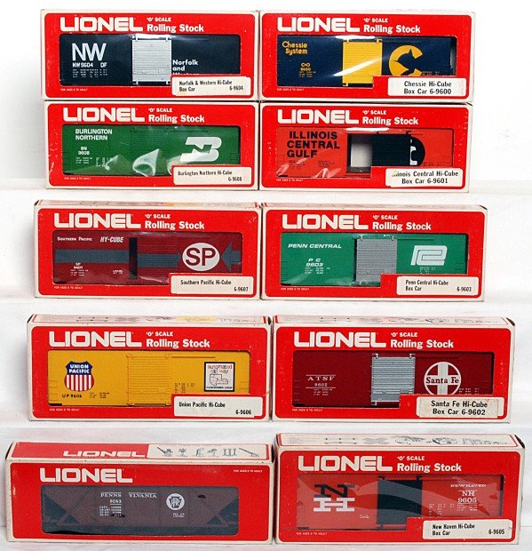 Lionel 9600-9608 and 9263 freight cars in OB: Lionel 9600 Chessie boxcar, 9601 Illinois Central boxcar, 9602 Santa Fe boxcar, 9603 Penn Central boxcar, 9604 Norfolk and Western boxcar, 9605 New Haven boxcar, 9606 Union Pacific boxcar, 9607 Southe