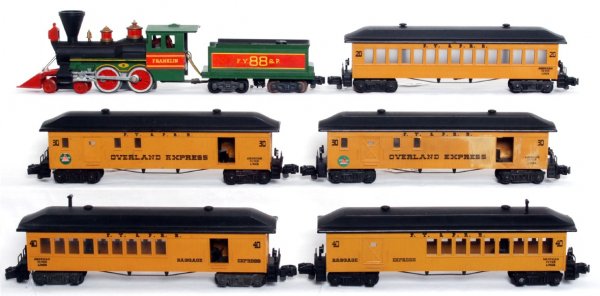 American Flyer 21088, 20, 30, 30, 40, 40: American Flyer S gauge 21088 FY&P Franklin loco and tender with 21020 coach, two 21030 baggage, two 21040 combines. Trains are very clean C7 area except one 21030 has some faded spots and a light melt