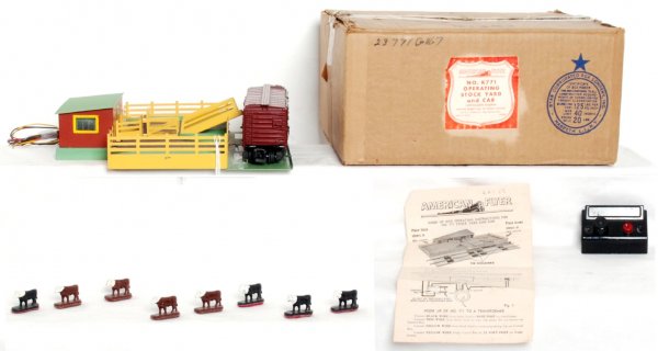 Nice American Flyer K771 operating stock yard OB: Nice American Flyer K771 operating stock yard and 976 Missouri Pacific operating cattle car with controller, eight cattle and original instructions sheet. Original box has inserts. 976 looks C7-8, sto