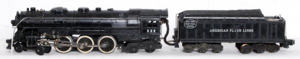 American Flyer 322 NYC loco and tender: American Flyer postwar S gauge 322 New York Central loco and tender, missing top of tender ladder, one rear step is glue repaired and coupler is a knuckle conversion. C6+.