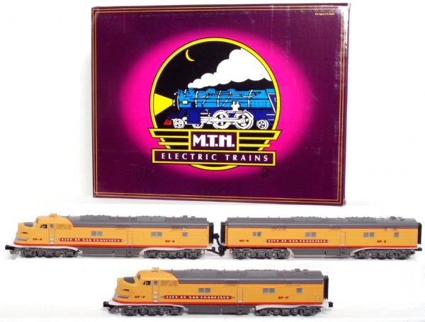 MTH 20-2259-1 U.P. City of San Francisco E-6: MTH 20-2259-1 Union Pacific City of San Francisco E-6 diesel A-B-A set in original box. Trains look C9 area, graded C8 due to having been run. box shows little wear. Trains feature ProtoSound and oper