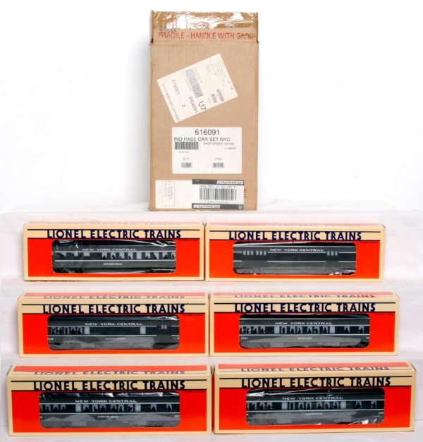 Six Lionel New York Central passenger cars: Lionel 16091 New York Central passenger car set in original boxes, C8-10. 16087 baggage, 16088 Licking River passenger car, 16089 Rippling Stream diner and 16090 Babbling Brook observation. 16067 Silv