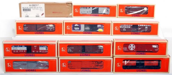 Eleven Lionel freight cars in original boxes: Eleven Lionel freight cars in original boxes, C9-10. 29217 1997 Toy Fair boxcar, 19289 6464-197 Monon The Hoosier Line boxcar, 19282 6464-196 Santa Fe Super Chief to California boxcar, 29282 6464-497 