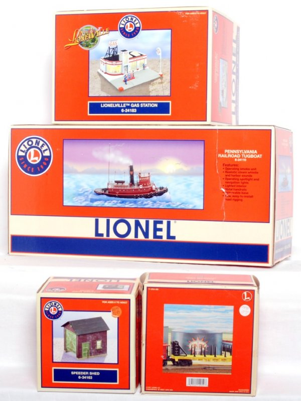 Four Lionel accessories in original boxes: Four Lionel accessories in original boxes, C8-9. Boxes show very little wear, some price stickers. 34163 speeder shed, 12954 Linex Gasoline wide oil tank, 24110 Pennsylvania Railroad tugboat, 24183 Li