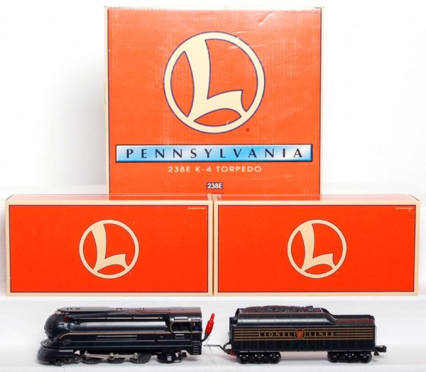 Lionel 18052 238E Pennsylvania K-4 Torpedo: Lionel 18052 238E Pennsylvania K-4 Torpedo locomotive and tender with TMCC and RailSounds in original boxes, train looks C9 area, but graded C8 due to having been run. Outer box needs cleaned, otherwi