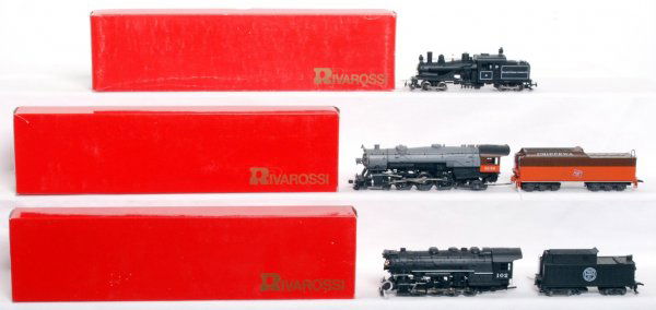 Three Rivarossi HO scale steam locos in OB: Three Rivarossi HO scale steam locos in original boxes, C8. Boxes have price stickers. 5402 Milwaukee 4-6-2 H. Pacific, 1568 Salmon Creek Lumber Co. 2 truck Heisler (missing bell) and 5431 Indiana Har