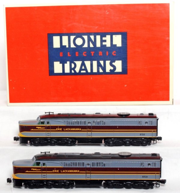 Lionel 18116 Erie Lackawanna PA-1 A-A set in OB: Lionel 18116 Erie Lackawanna PA-1 A-A set in original box featuring RailSounds, trains should clean to look C8-9. Box shows little wear, price sticker.