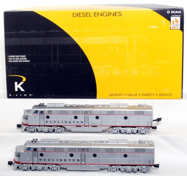 K-Line K-28131 CB&Q E8 diesel A-A units in OB: K-Line K-28131 Chicago, Burlington and Quincy E8 diesel A units in original box. Trains look C9 area, but are graded C8 due to having been run. Both trains are powered units that feature dual motors w
