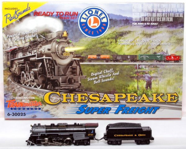 Lionel 30025 Chesapeake and Ohio Super Freight: Lionel 30025 Chesapeake and Ohio Super Freight set in original box, trains look nicer but graded C8 due to having been run. Trains feature TMCC, RailSounds and operating smoke. Box shows a little very