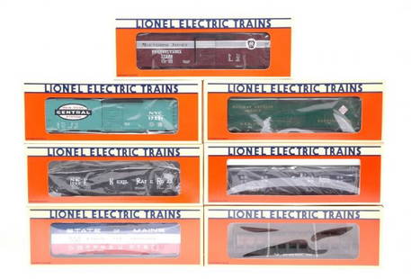 Lionel 17218 17220 17221 17311 17407 17510 MIB: Lionel seven freight cars including; 17218 State of Maine Bangor & Aroostook boxcar, 17220 Pennsylvania Railroad merchandise car, 17221 New York Central boxcar, 17311 Railway Express Agency reefer,