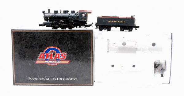 Atlas 1703-1 0-6-0 PRR Loco Tender LIKE NEW OB: Atlas O gauge 1703-1 USRA 0-6-0 Pennsylvania steam loco numbered 7258 and tender in OB. One handrail is broken on the loco, otherwise C8.