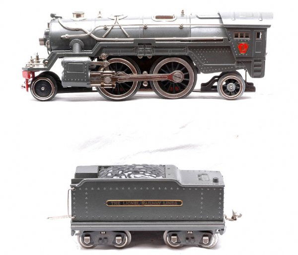 Lionel 385 Gray 2-4-2 Steam Loco 485W Tender: Lionel prewar standard gauge 385E gray 2-4-2 steam loco with 385W tender. The loco has a restored frame and boiler front and reproduction steam chest. The paint on the boiler and cab is original, C7.