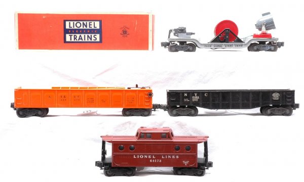 Lionel 3562-75 Barrel Car 3650 OB 6462 6417: Lionel postwar 3562-75 operating orange A. T. & S. F. barrel car missing the man, 3650 searchlight extension car missing the crank in OB, 6462 NYC gondola and 6417 caboose. The base and black trough o