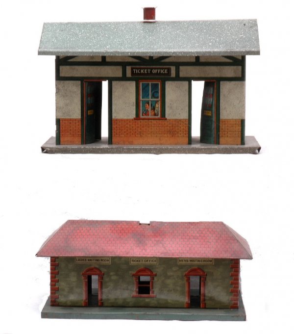 Ives 114 Lithographed Station Bing Station: Ives prewar 114 lithograph station on speckled gray base with speckled green roof, C6. Also included is a Bing prewar station missing the chimney, C5.
