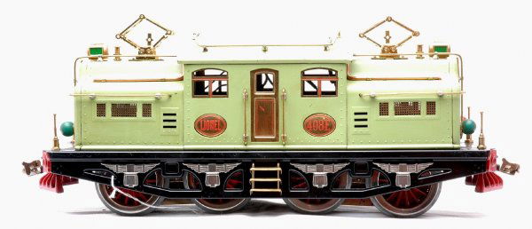 Lionel Apple Green 408E Electric 0-4-4-0 Loco: Lionel prewar standard gauge apple green 408E electric 0-4-4-0 loco. The pantagraphs and headlights have been replaced and the loco has been re-wheeled. The loco is C6-7.