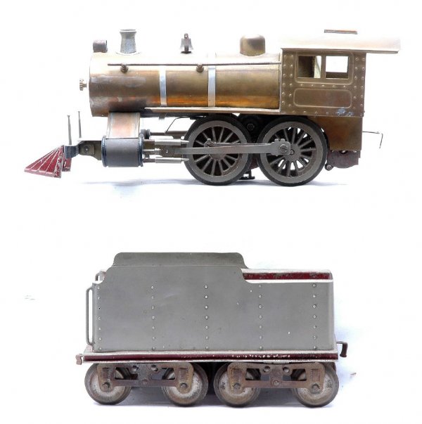 Lionel Prewar Brass 7 Loco Nickel Sided Tender: Lionel prewar standard gauge brass no. 7 steam 4-4-0 loco with thick-rimmed wheels and tender. The loco is missing the pilot truck and has replacement boiler bands. The loco is C6. The tender has nick