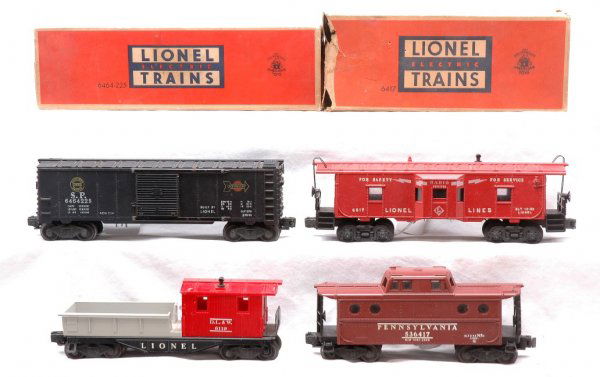 Lionel Freight Cars 6464-225 6517 6119 6417: Lionel postwar four freight cars; 6464-225 Southern Pacific type IIa boxcar missing the door guide, 6517 bay window caboose, 6119 D.L. & W. work caboose and 6417 PRR N5c Porthole caboose. The 6464-225