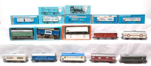 Marklin 4041 4627 4640 4660 4666 4669 4934 OBs: Marklin HO gauge freight cars; 4041 luggage van with tail lights, 4627 covered goods van, 4640 refrigerator van, 4660 beer wagon truck, 4666 beer wagon truck, 4669 beer wagon truck and 4698 covered go