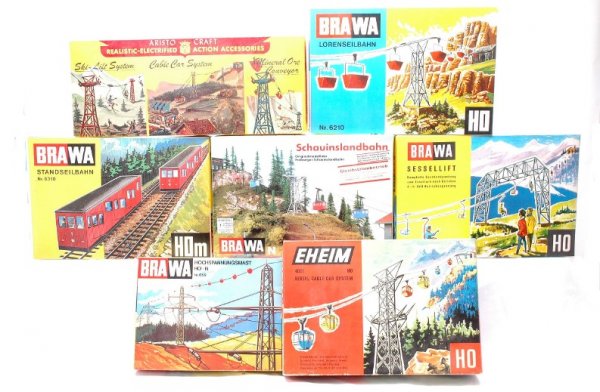 BRAWA 6210 6270 6560 659 Aristo-Craft EHEIM OBs.: BRAWA HO gauge accessories; 6210, 6270 and 6560 chair lift, 659, 6310. Aristo-Craft mineral ore conveyor and EHEIM 4021 aerial cable car system in OBs. Most have never been used, C7-9.
