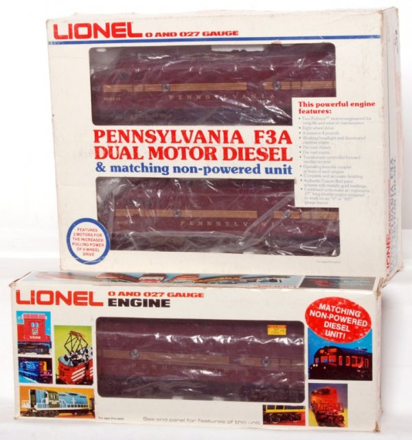 Lionel 8970 and 8060 PRR Tuscun F3 A-B-A: Lionel 8970 Tuscan Pennsylvania F3 A units in original box and 8060 Tuscan Pennsylvania F3 B unit in original box, trains look C8-9. Boxes show light wear and stickers.