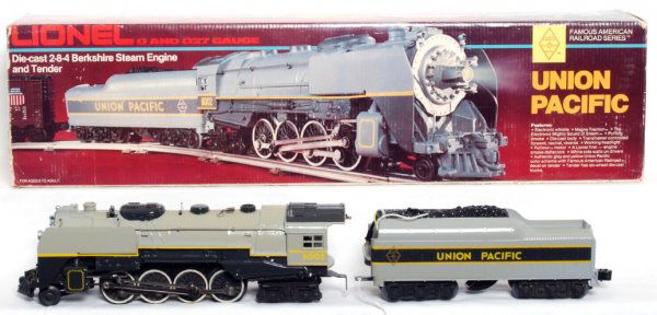 Lionel 8002 Union Pacific 2-8-4 Berkshire in OB: Lionel 8002 Union Pacific 2-8-4 Berkshire locomotive and tender in original box, C8 due to having been run. Box shows a little light wear, inventory sticker.