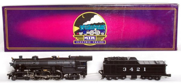 MTH No. 3421 Santa Fe USRA 4-6-2 loco in OB: MTH No. 3421 Santa Fe USRA 4-6-2 steam loco and tender in original box with operating smoke unit and ProtoSound, C9. Box shows a little very light wear, inventory stickers.