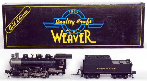 Weaver brass Pennsylvania USRA 0-6-0 in OB: Weaver brass Pennsylvania USRA 0-6-0 steam switcher and tender in original box, C9 with operating smoke, 3 rail. Box shows a little very light wear and inventory sticker.