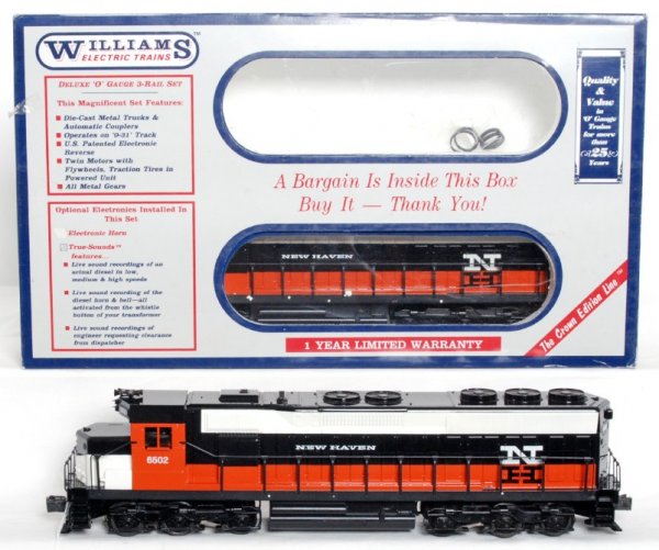 Williams 732047 New Haven SD-45 diesel w/sound: Williams 732047 New Haven SD-45 diesel locos in original box with TrueSounds, train looks C9 but graded C8 due to having been run. Box shows little wear and inventory sticker.