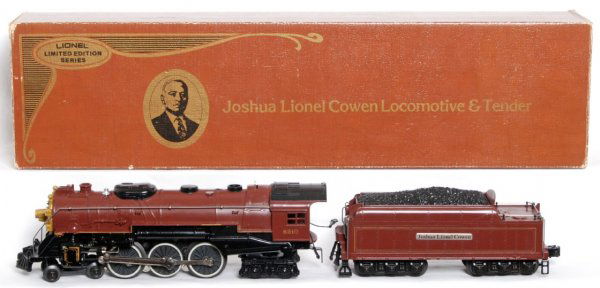 Joshua Lionel Cowen loco and cars in OB: Joshua Lionel Cowen loco and cars in original boxes, C8-9. 8210 Commemorative die cast 4-6-4 Hudson steam loco and tender, 6421 bay window caboose, 9429 The Early Years boxcar, two 9434 Joshua Lionel