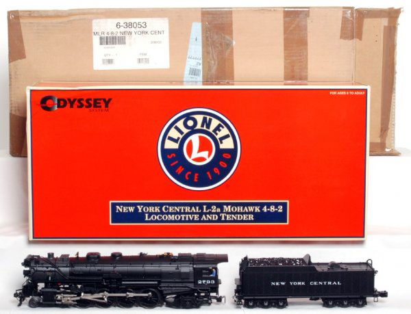 Lionel 38053 NYC L-2a Mohawk 4-8-2 loco in OB: Lionel 38053 NYC L-2a Mohawk 4-8-2 locomotive and tender in original box with TMCC, Odyssey System, RailSounds, FatBoy speaker, wireless tether and fan driven smoke unit. Train looks C9 area, graded C