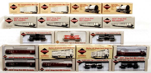 Nineteen Life-Like Proto 2000 Series freight cars: Nineteen Life-Like/Walthers Proto 2000 Series freight cars in original boxes/packages, C8-10. 52 foot 6 inch drop end mill gondolas: 21486 NYC 712618, 21473 NYC 712588, NYC 712612, 920-54081 NYC 71251