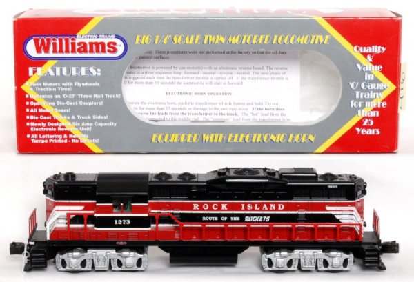Williams GP514 Rock Island GP9 powered A w/horn: Williams GP514 Rock Island GP9 powered A unit with horn in original box, train should clean to look C8-9. Box shows very light wear.
