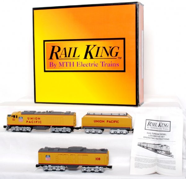 MTH Rail King 30-2009LP U.P. gas turbine set: MTH Rail King 30-2009LP Union Pacific gas turbine set in original box, trains look better but graded C8+ due to having been run. Box shows a little very light wear.