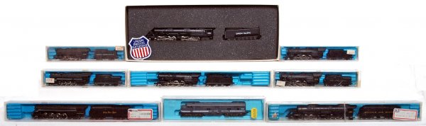 Eight Rivarossi/Con-Cor steam and diesel locos: Eight Rivarossi/Con-Cor steam and diesel locos and one Atlas diesel loco, in original boxes, C7-8. All are N scale. Rivarossi/Con-Cor: 3201D Norfolk and Western 2-8-8-2 Mallet, 3501B 765 N.Y.C. 2-8-4 