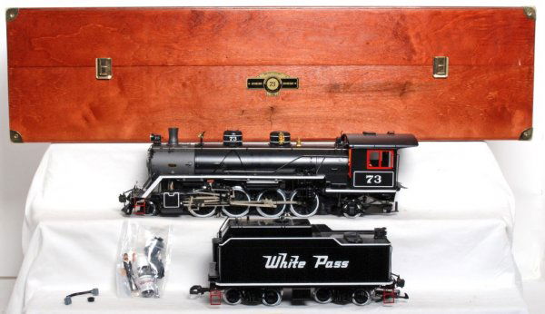 Aster LGB brass White Pass and Yukon 2-8-2: Aster LGB brass G scale 21832 White Pass and Yukon 2-8-2 Berkshire loco and tender in original box. Loco and tender should clean to look C7-8. Box looks C8. Original components included.