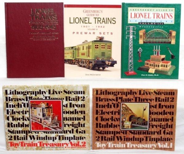 Five prewar toy train books, Lionel : Toy Train Treasury Vol. I & II, Lionel Trains Standard of the World 1900-1943, GreenbergÕs Guide to Lionel Trains volume III accessories and GreenbergÕs Guide to Lionel Trains 1901-1942 volume IV pr