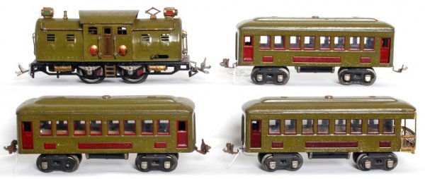 Lionel prewar O gauge 254E, 610, 610, 612: Lionel prewar O gauge 254E loco with 610, 610 and 612 passenger cars. C6.
