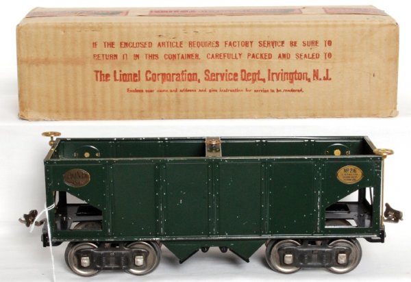 Lionel prewar standard gauge 216 hopper: Lionel prewar standard gauge 216 hopper, brass plates with nickel journals, clean C6-7. OB is label end variation, missing one inner flap.