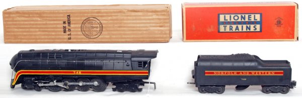 Lionel 746 Norfolk and Western J steam loco: Lionel 746 Norfolk and Western class J steam loco and short stripe tender with good steps. Nice C7-8. Boxes are C8 area with loco instruction.