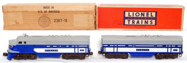 Lionel 2367 Wabash F3 AB units, OB: Lionel 2367 Wabash F3 AB units, look fantastic C8 but do have a couple of very minor touch ups. Boxes have some tape, C7 area.