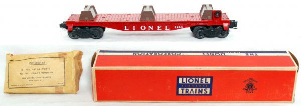 Lionel 6264 flatcar with lumber, unrun, OB: Lionel 6264 flatcar with lumber, unrun, C9-10. Separate sale original OB is C8-9.