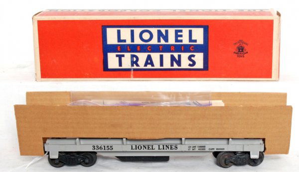 Mint Lionel 3361 operating lumber car, OB: Lionel 3361 operating lumber car, unrun, C9-10 with correct insert, inst. sheet and logs. OB C8.