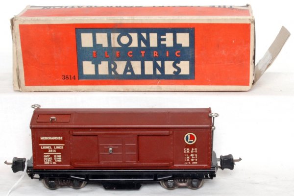 Great looking original Lionel 3814 in OB: Great looking original Lionel 3814 remote control merchandise car in original box. Car has nicer C6+ frame with great looking C7 body. Decals are solid and bright. Four original brown crates included.