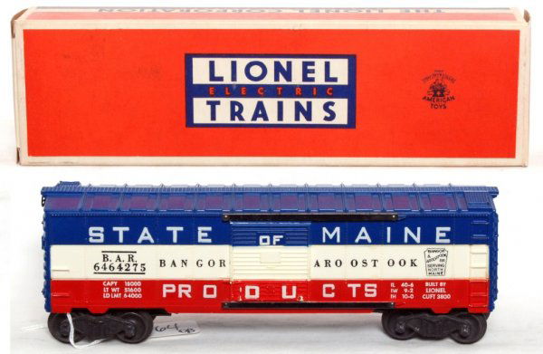 Lionel 6464-275 State of Maine BAR boxcar, OB: Lionel 6464-275 State of Maine BAR boxcar, three color door, white body mold, C8. OB C9-10.